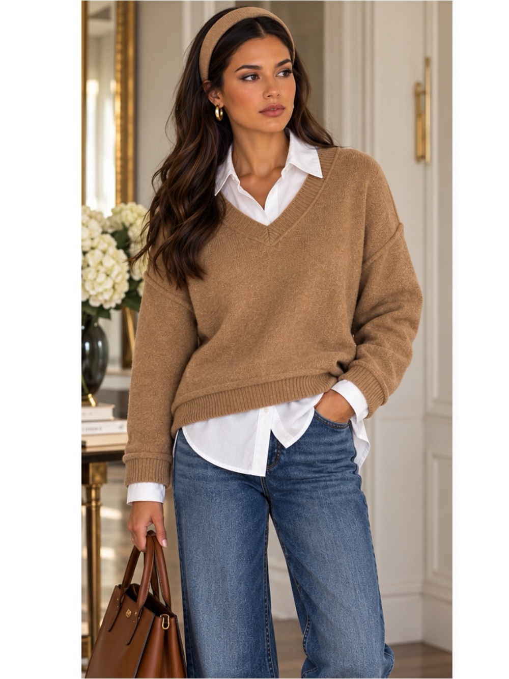 La Miel Preppy Lady 2 Piece Camel Sweater & White Button Down Shirt Small New